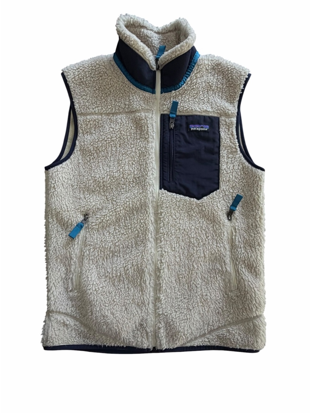 Men’s Patagonia Cream Sherpa Vest with Navy Chest Pocket Size Medium